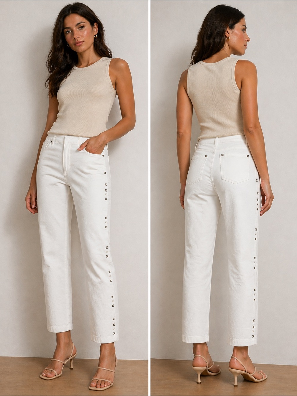 Escada White Embossed‎ Pants EU 40 US 8 Ankle Grommet Detail Designer